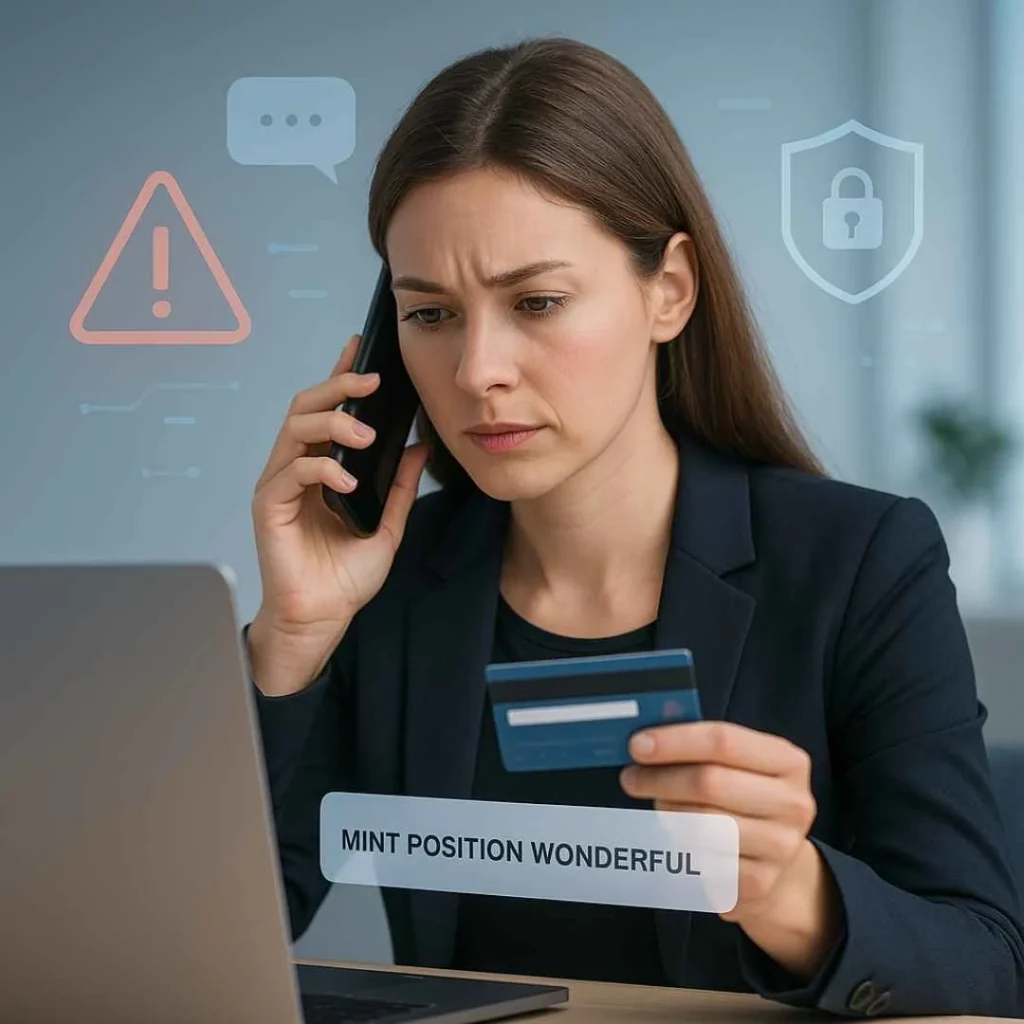 Woman calling bank to dispute Mint Position Wonderful credit card charge with fraud alert graphics