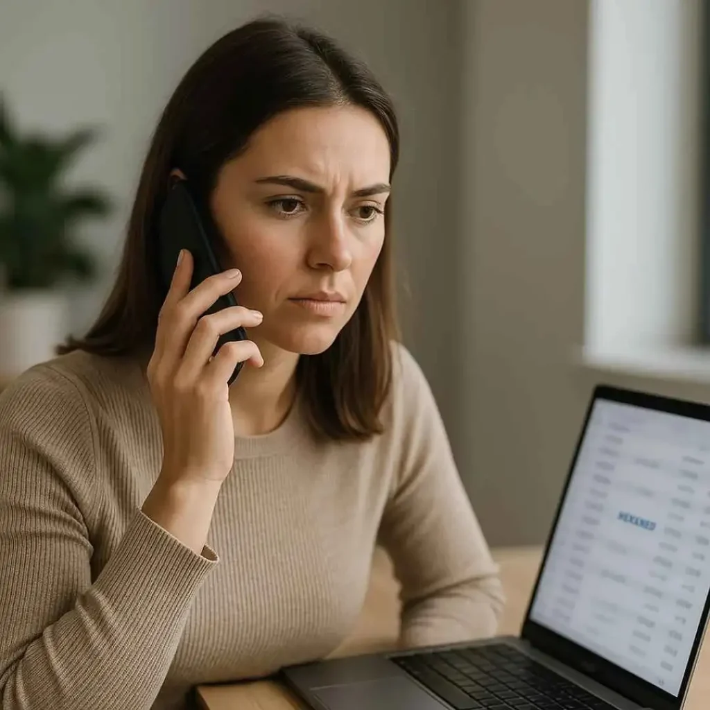 Young woman calling her bank to dispute an unfamiliar NexxMed charge on her credit card, laptop displaying a blurred statement.