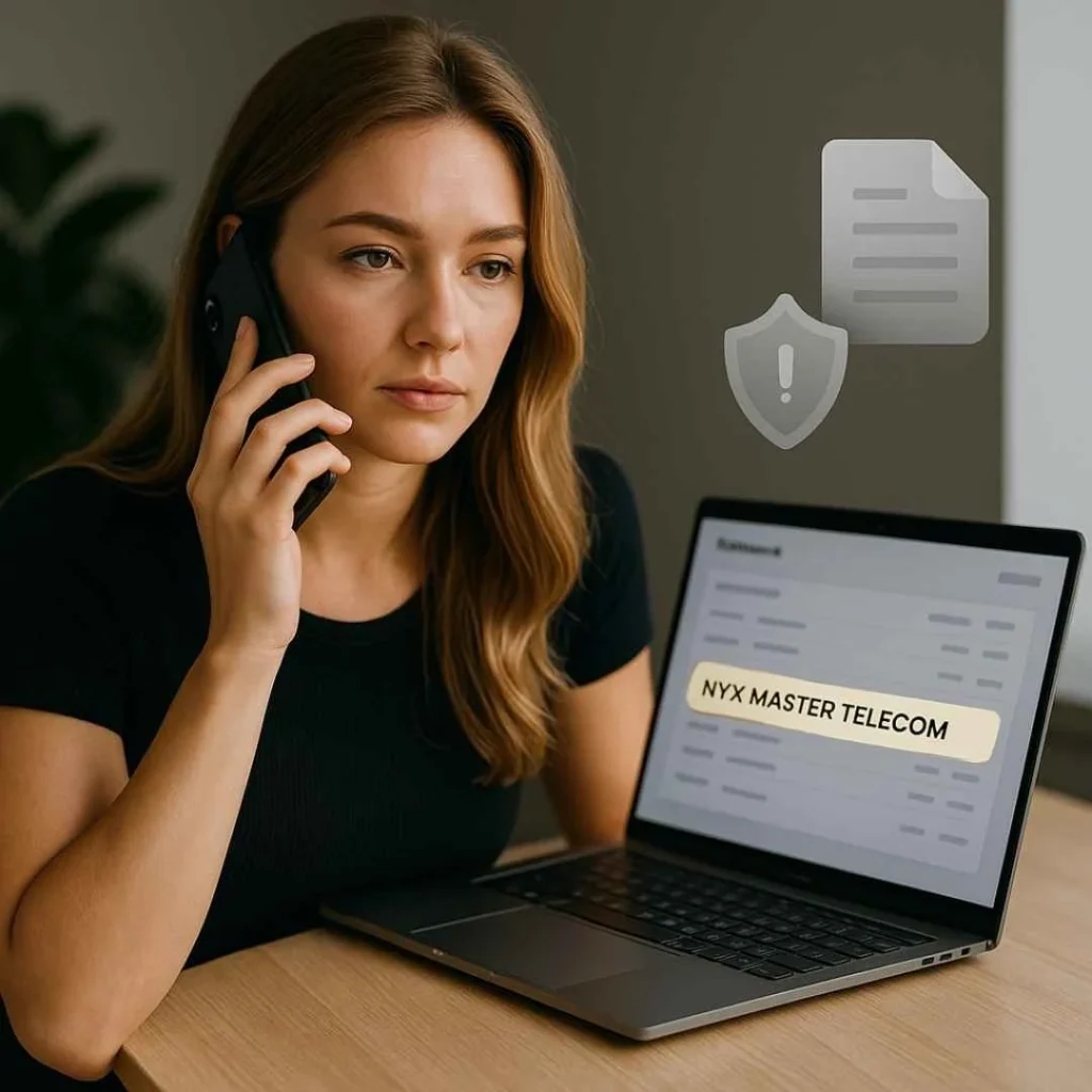 Woman calling her bank to dispute an unfamiliar NYX Master Telecom charge on her credit card, with laptop showing highlighted transaction.