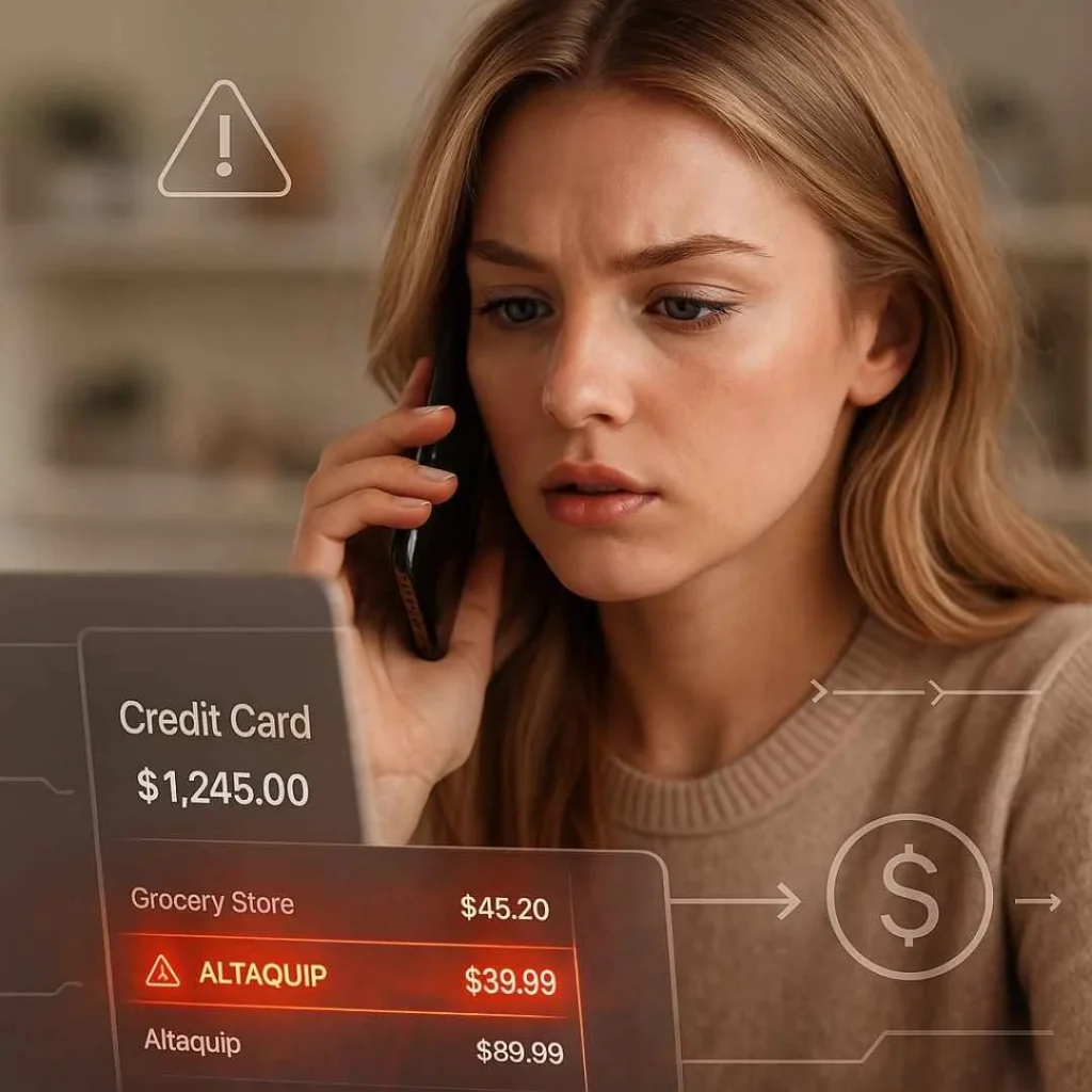 American man contacting his bank to dispute an unauthorized Altaquip charge shown in red on his laptop screen.