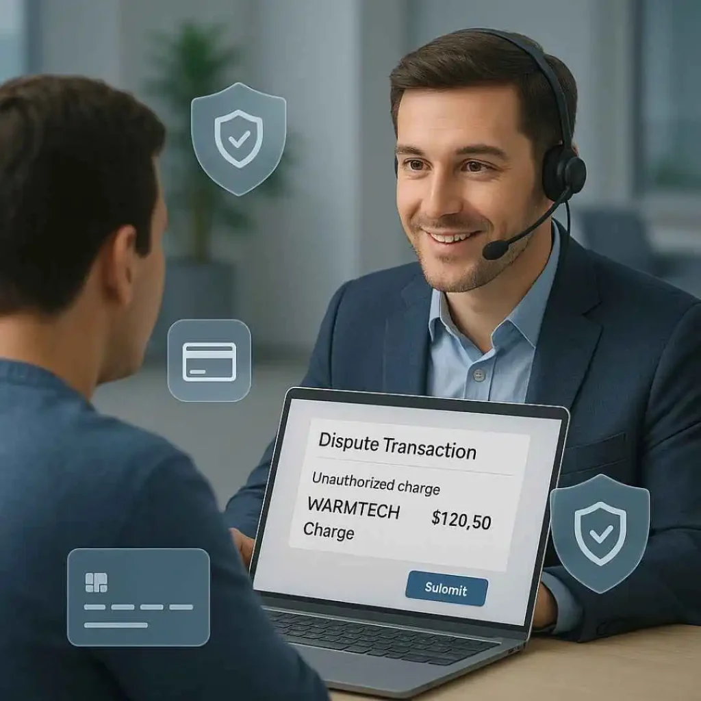 Bank representative helping a customer dispute an unauthorized Warmtech credit card charge.