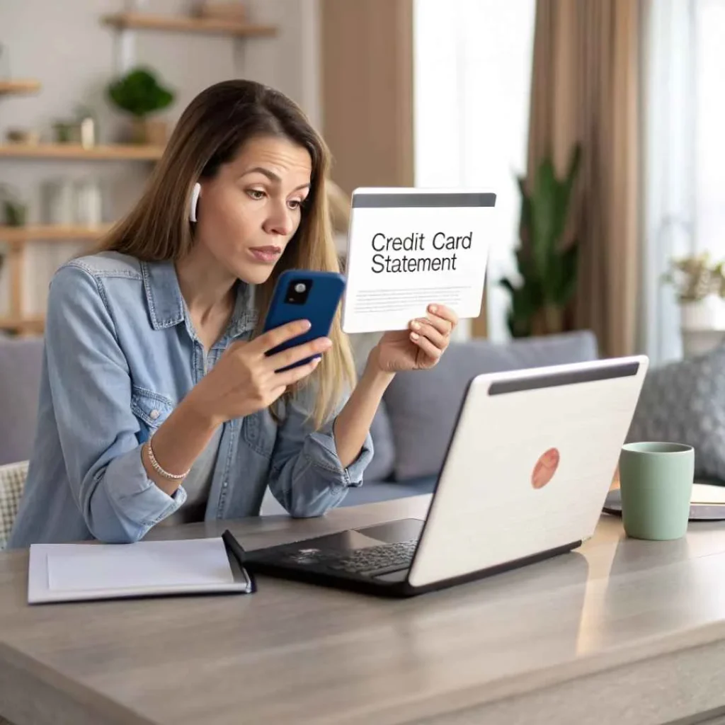 Worried woman calling her bank to dispute unauthorized Mercatalyst charge on credit card statement, representing customer protection and finance awareness.
