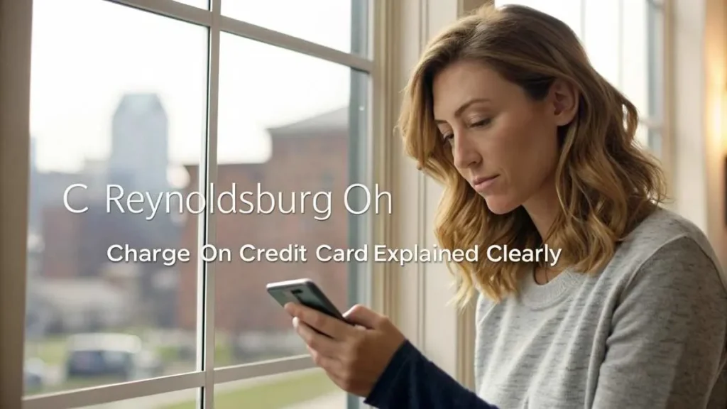 Young woman checking her phone after noticing a small $1 “.C Reynoldsburg OH” charge on her credit card, representing awareness of unknown transactions.