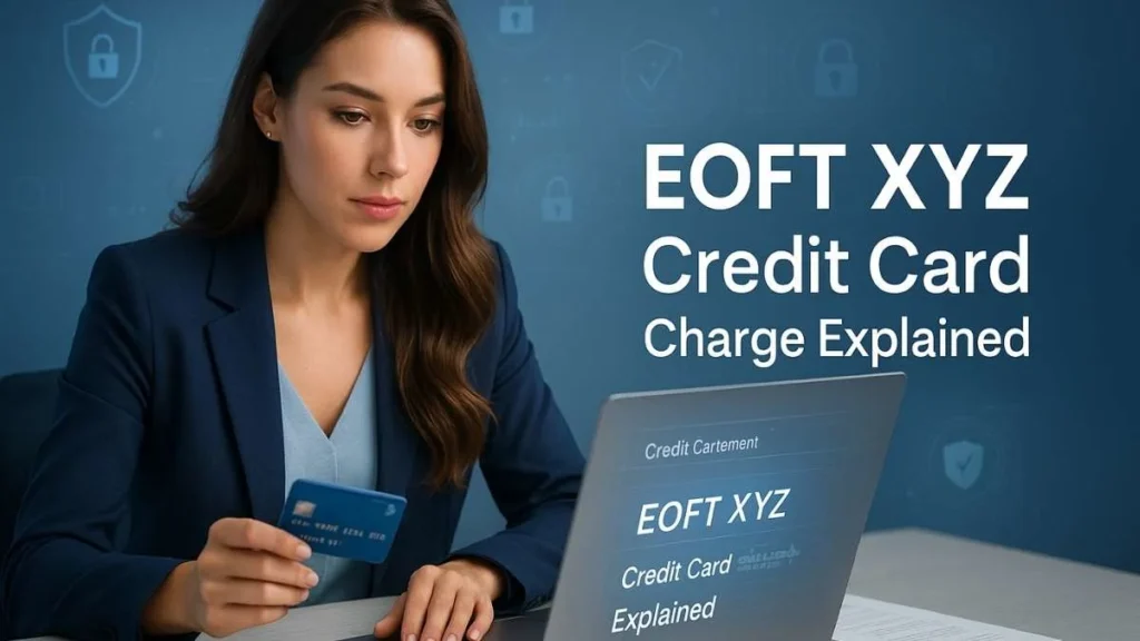 Beautiful young woman reviewing her credit card statement with the EOFT XYZ charge highlighted on her laptop screen