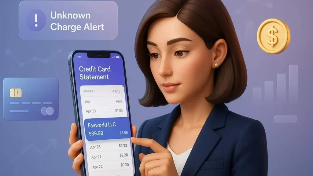 Beautiful woman checking credit card statement with Favworld LLC charge highlighted on smartphone screen.