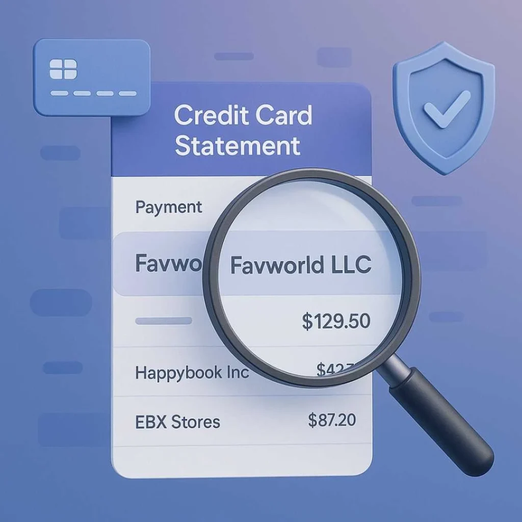 Magnifying glass focusing on Favworld LLC charge on digital credit card statement.