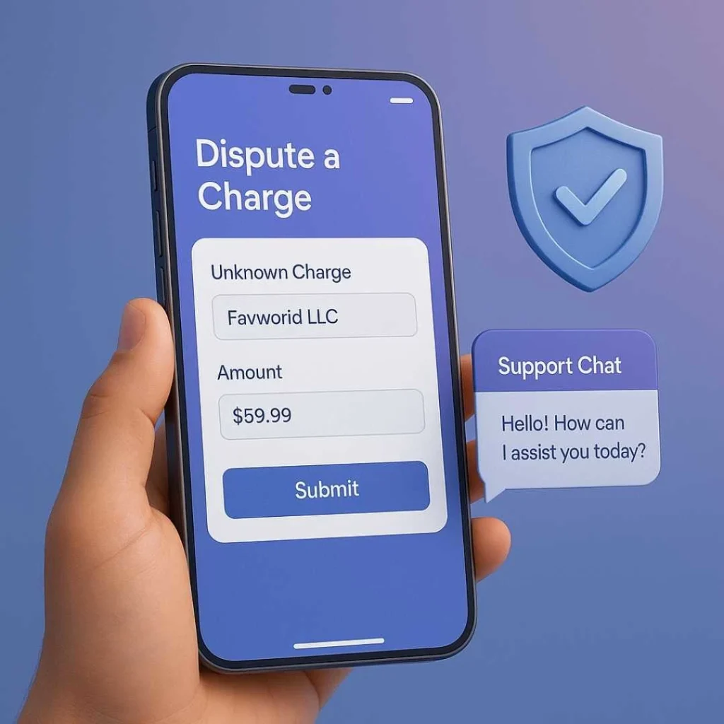 User opening mobile banking app to dispute Favworld LLC charge with secure UI elements.