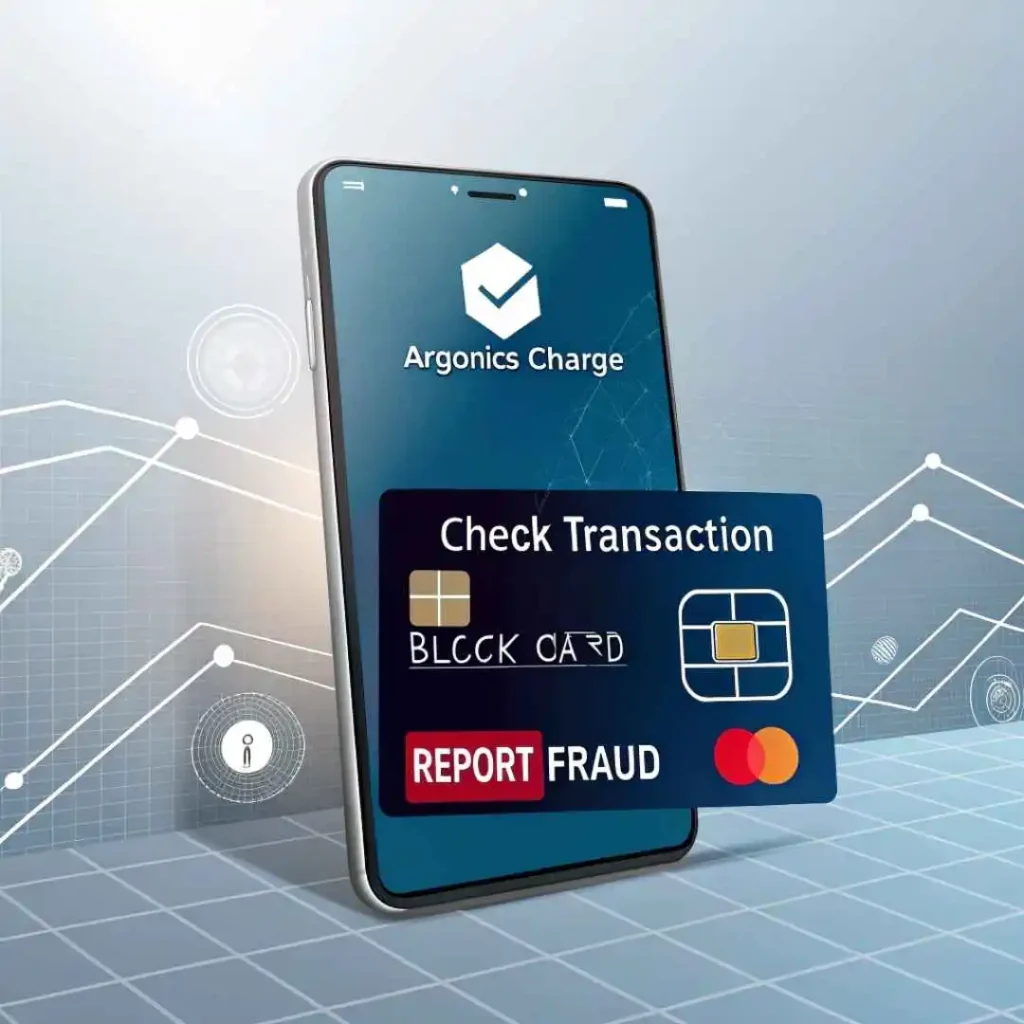Infographic showing fraud detection steps for an Argonics credit card charge with warning icons and mobile banking UI.