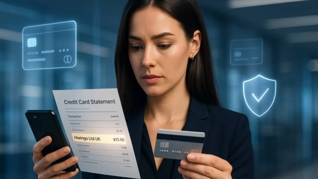 Realistic image of a woman reviewing her credit card statement showing a highlighted Hiwingo Ltd UK charge in a modern fintech setting.