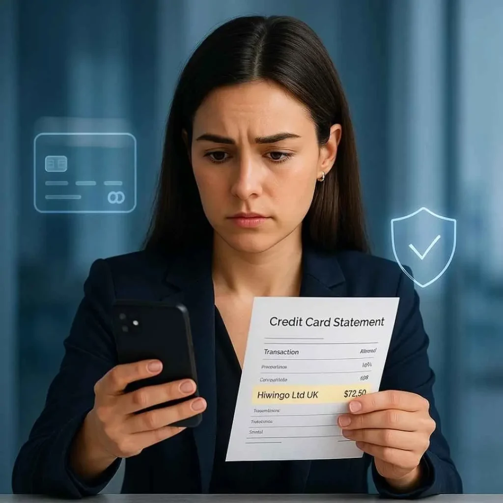 A real woman reviewing her credit card statement on a smartphone showing a Hiwingo Ltd UK charge in a modern fintech environment.