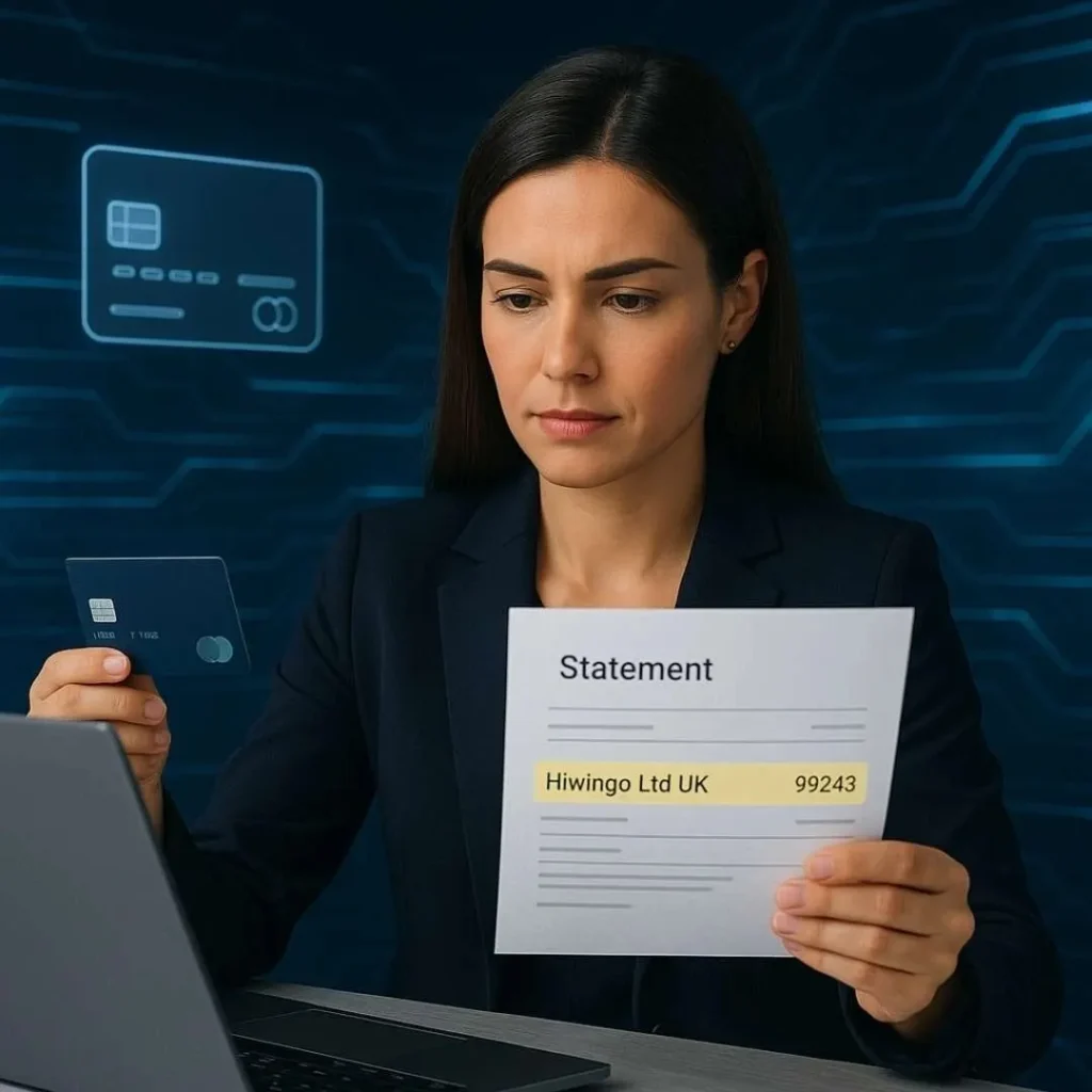 Realistic image of a woman checking a suspicious Hiwingo Ltd UK charge on her laptop with digital security and fintech graphics.