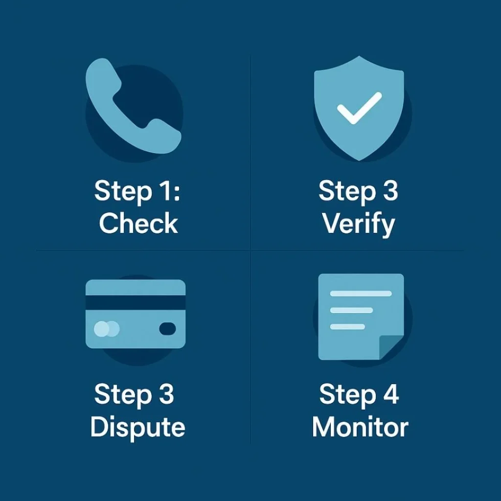 Infographic showing steps to check, verify, dispute, and monitor a VenuPlus Inc credit card charge.