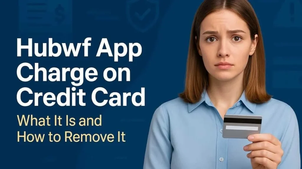 Beautiful woman holding a credit card while reviewing a suspicious Hubwf App charge on her statement, fintech background, high-quality blog illustration.