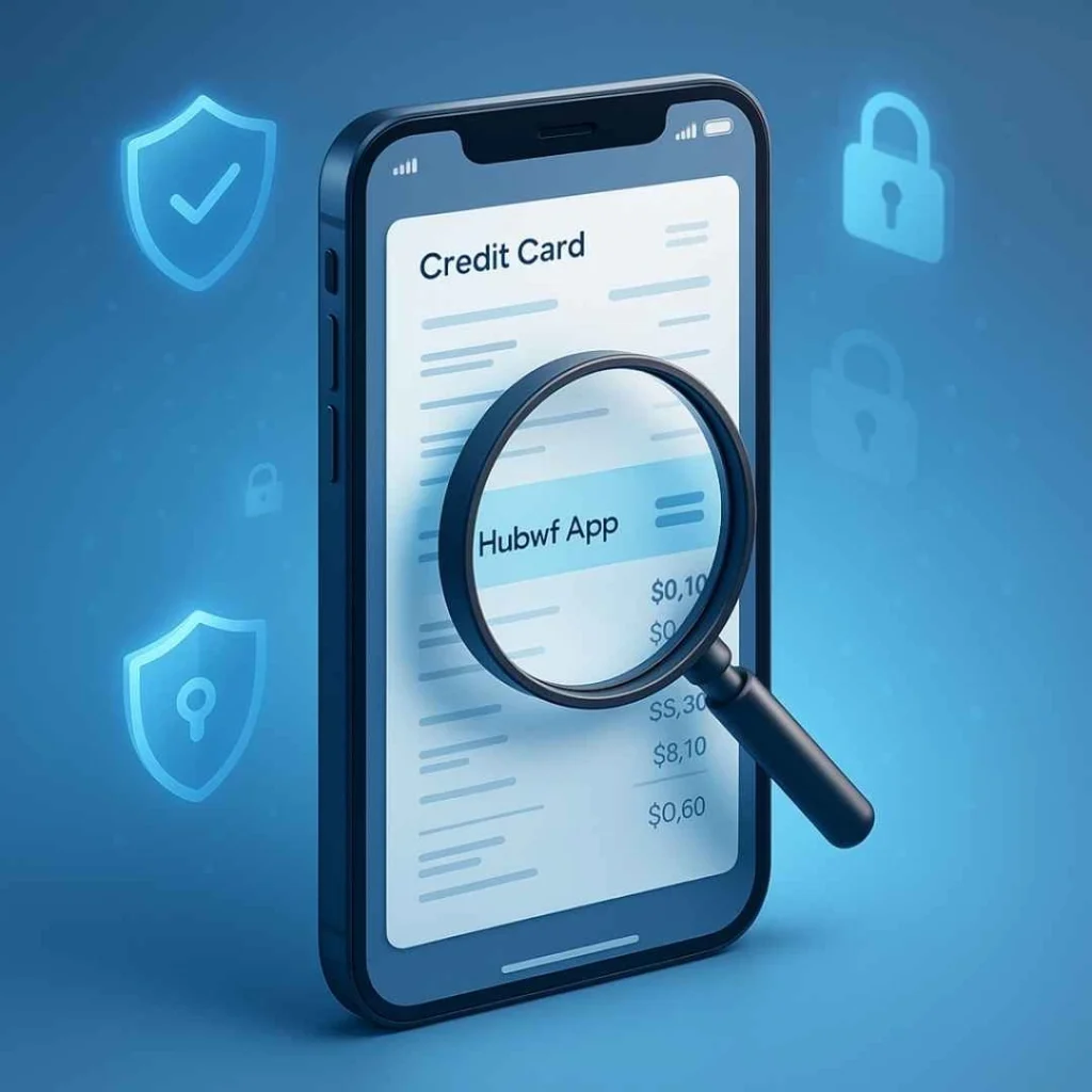 3D fintech illustration of a credit card statement on a smartphone highlighting the Hubwf App transaction for verification.
