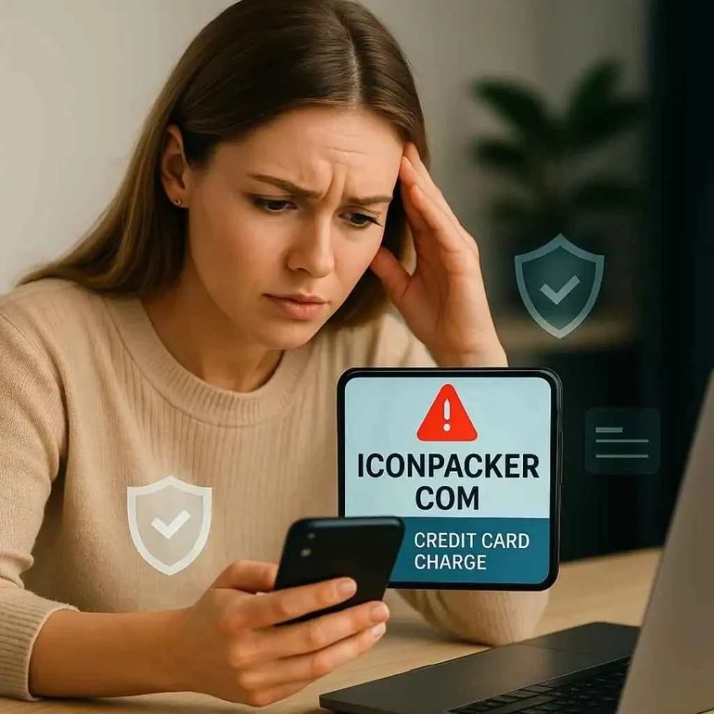 A young woman checking her phone and noticing a highlighted “ICONPACKER COM” unknown credit card charge with a warning icon.