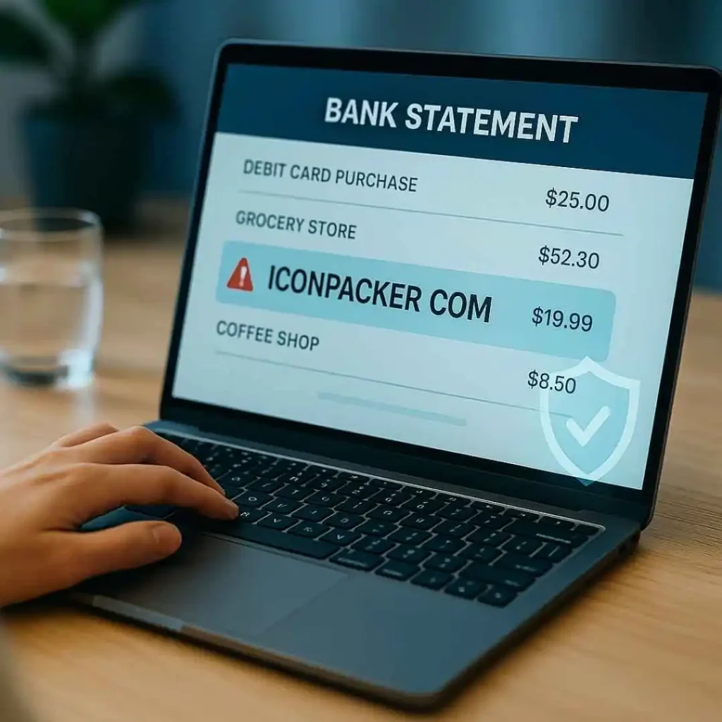 Laptop showing a digital credit card statement with the “ICONPACKER COM” charge highlighted and a small fraud alert icon.