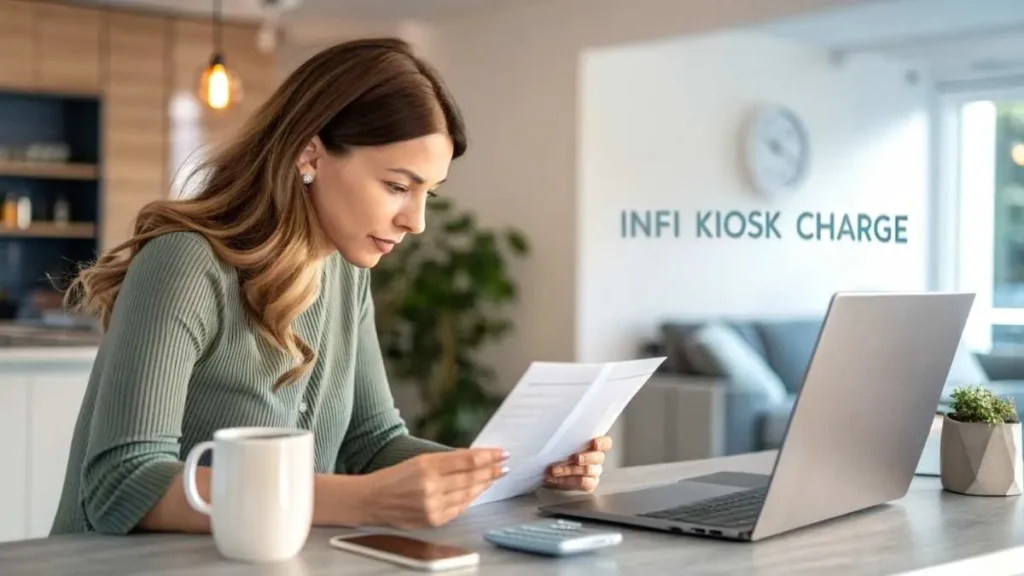 Young woman reviewing credit card statement showing Infi Kiosk charge, sitting at desk with laptop, highlighting financial awareness and fraud prevention.