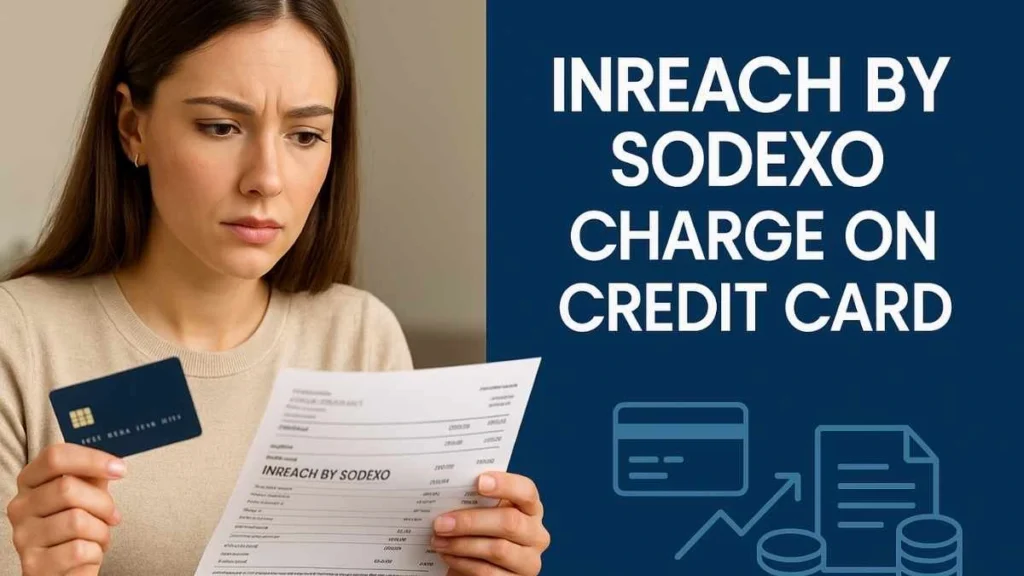 A concerned young woman reviewing a bank statement showing an unfamiliar “InReach by Sodexo” charge while holding her credit card, with fintech-style graphics and the text “InReach by Sodexo Charge on Credit Card” on the right side.