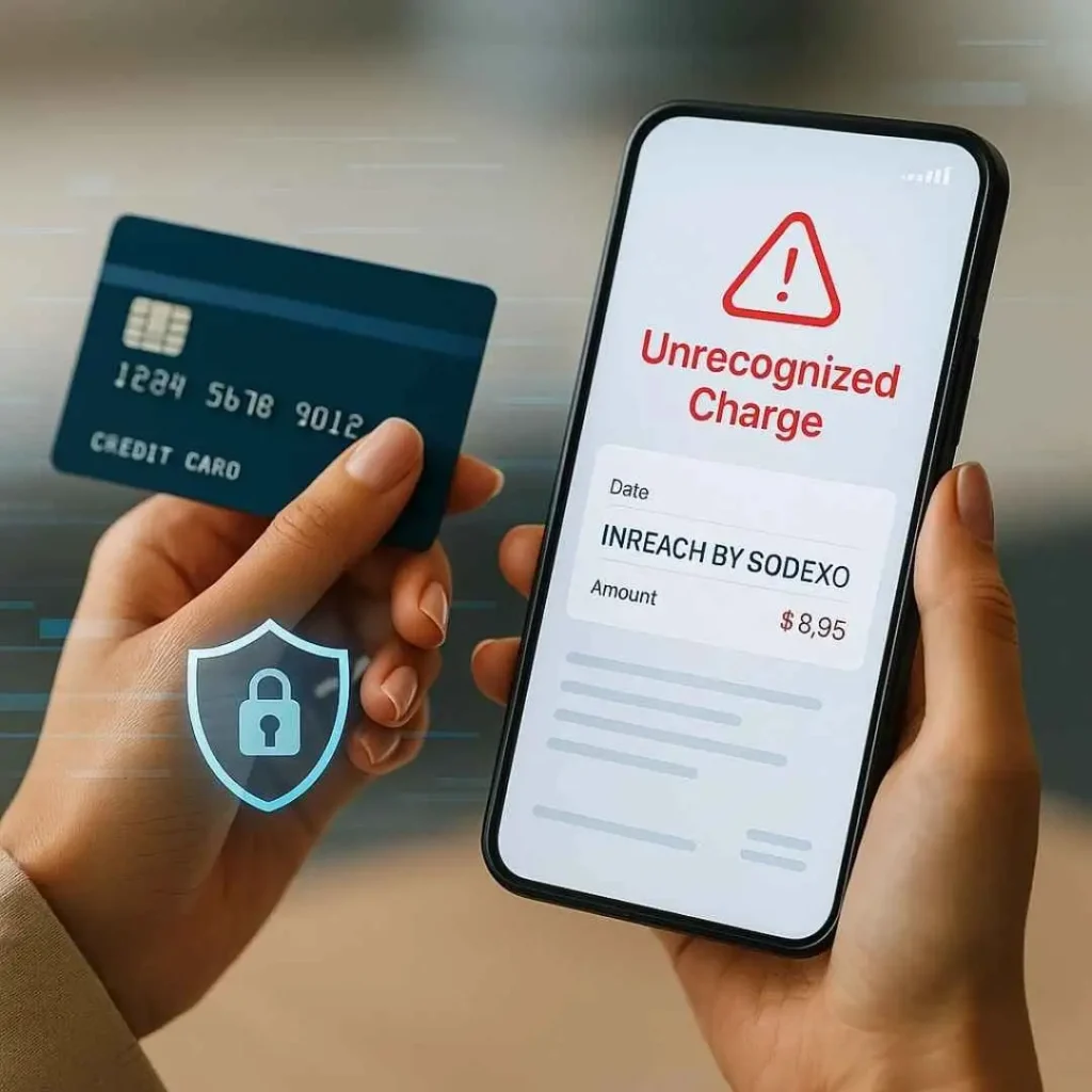 A close-up shot of a woman holding a credit card and checking a banking app showing an “InReach by Sodexo” suspicious transaction alert on her smartphone screen.