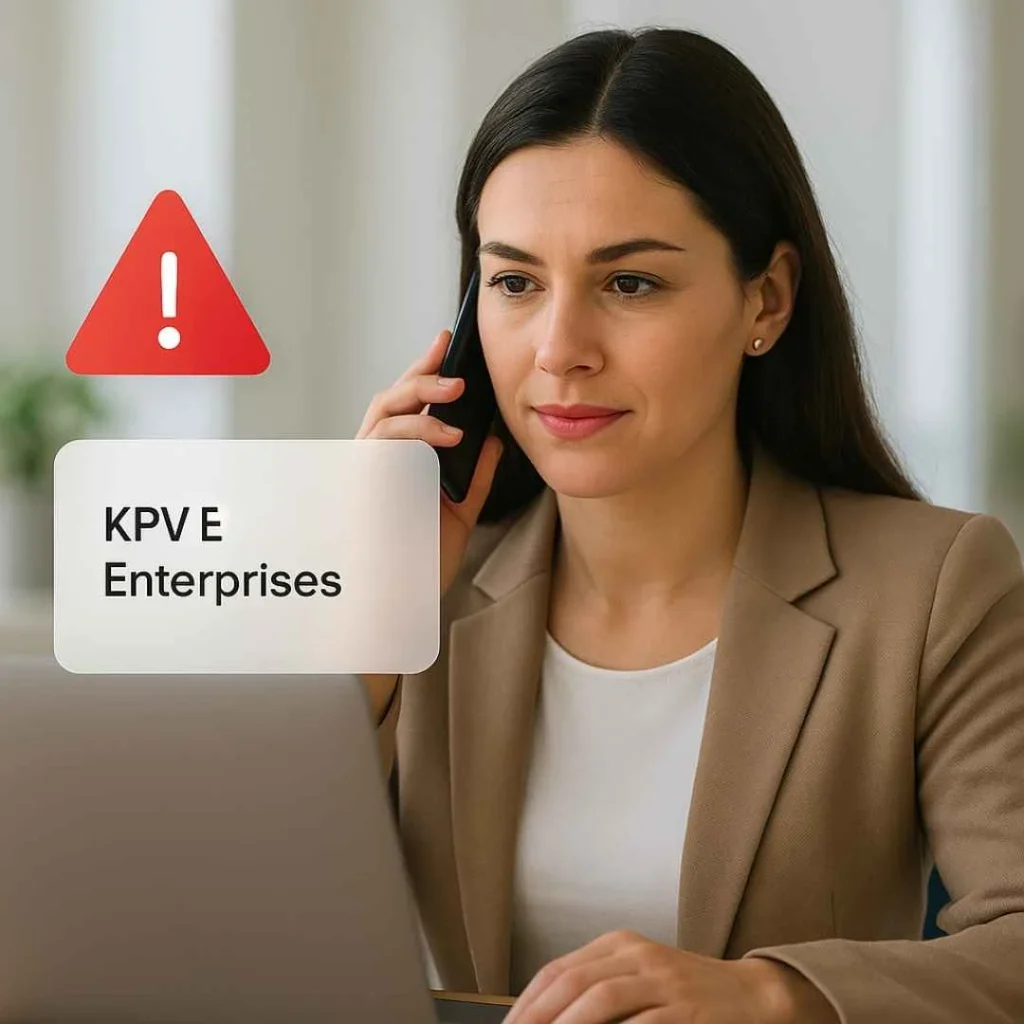 Woman calling customer support while checking an unfamiliar KPV Enterprises charge on her credit card statement.