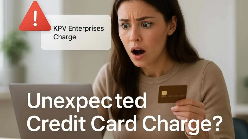 Realistic image of a young woman checking an unexpected KPV Enterprises charge on her credit card with warning graphics on screen.
