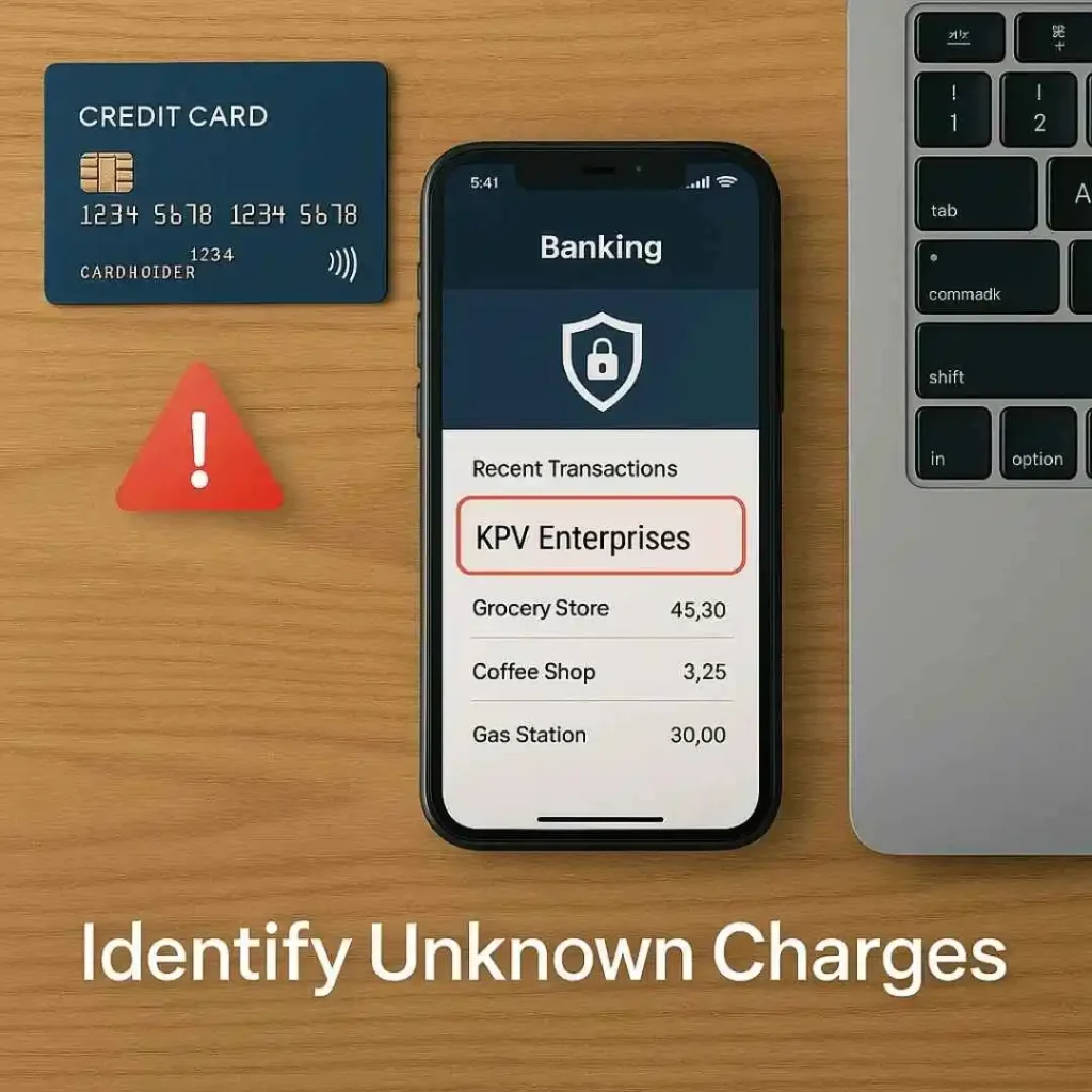 Digital banking screen showing a suspicious KPV Enterprises charge with fraud warning graphics on a desk setup.
