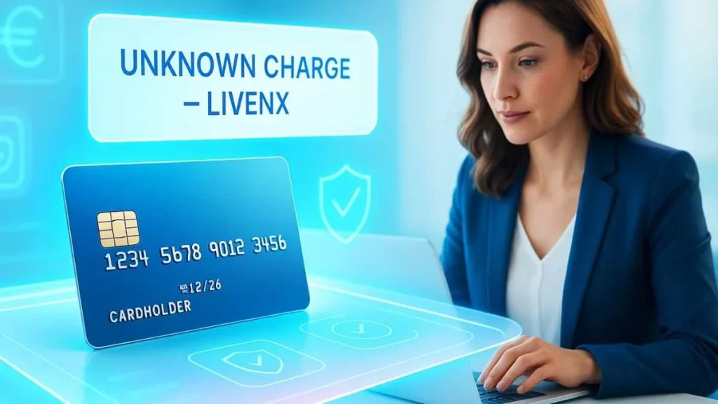 Feature image showing credit card, digital fraud alert, and LIVENX charge warning