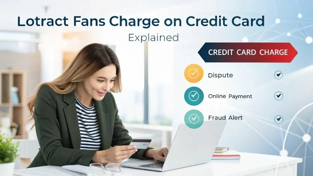 Young woman checking credit card statement online for Lotract Fans charge with digital fraud alert graphics in background