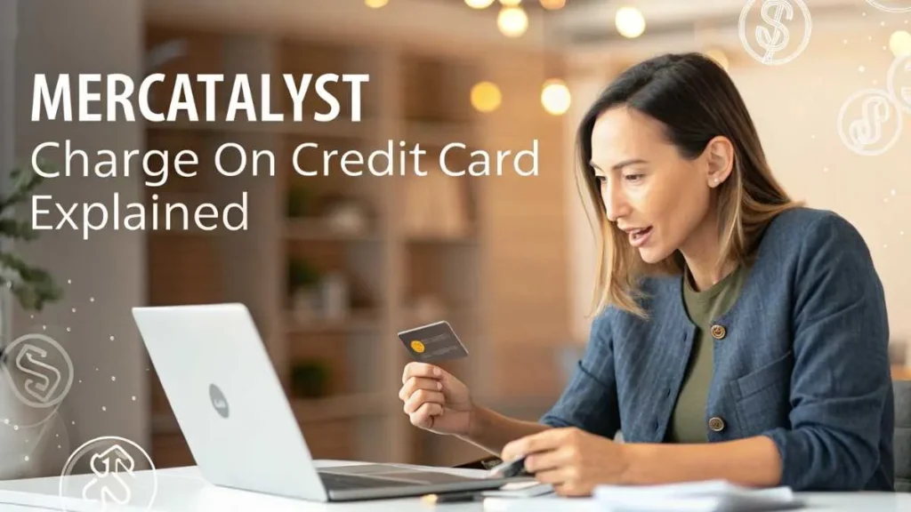 A beautiful young woman checking her credit card statement online, showing Mercatalyst charge details, concept of online finance and payment awareness.