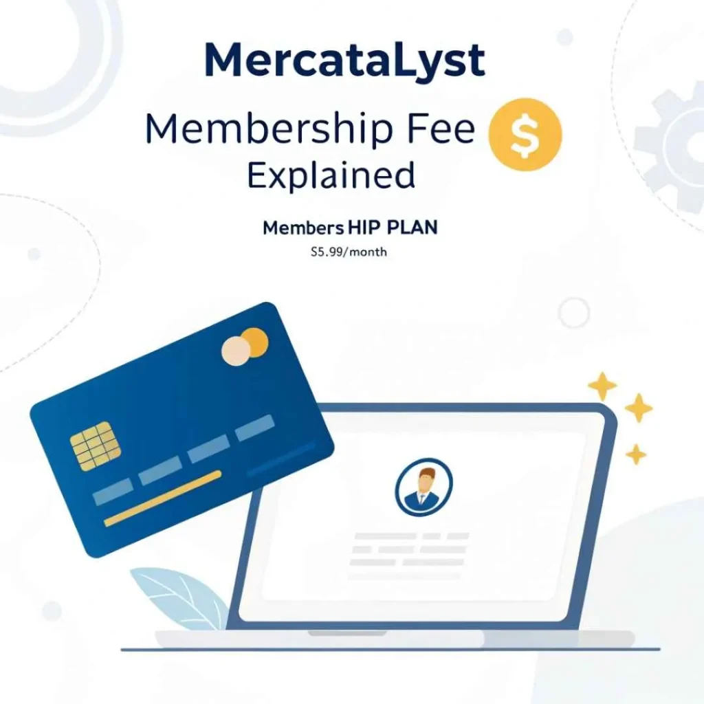 Digital illustration showing Mercatalyst membership fee concept with credit card, $5.99/month plan on laptop screen, and online payment graphics.