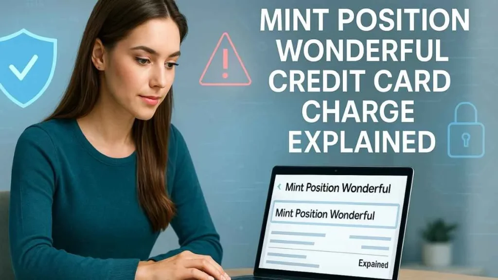 Attractive woman reviewing Mint Position Wonderful credit card charge on laptop with finance illustrations