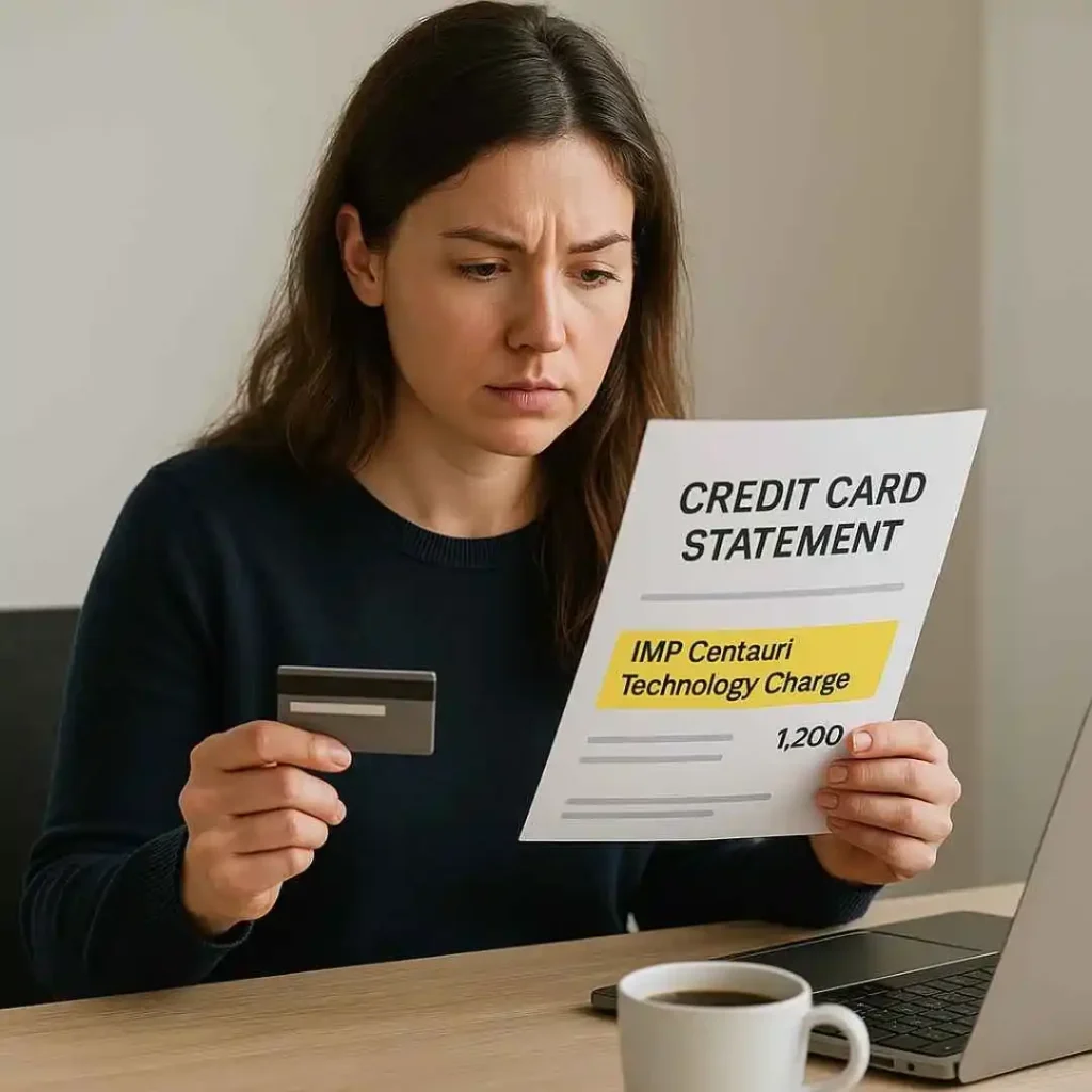 Woman reviewing her U.S. credit card statement showing an unknown MP Centauri Technology charge.”