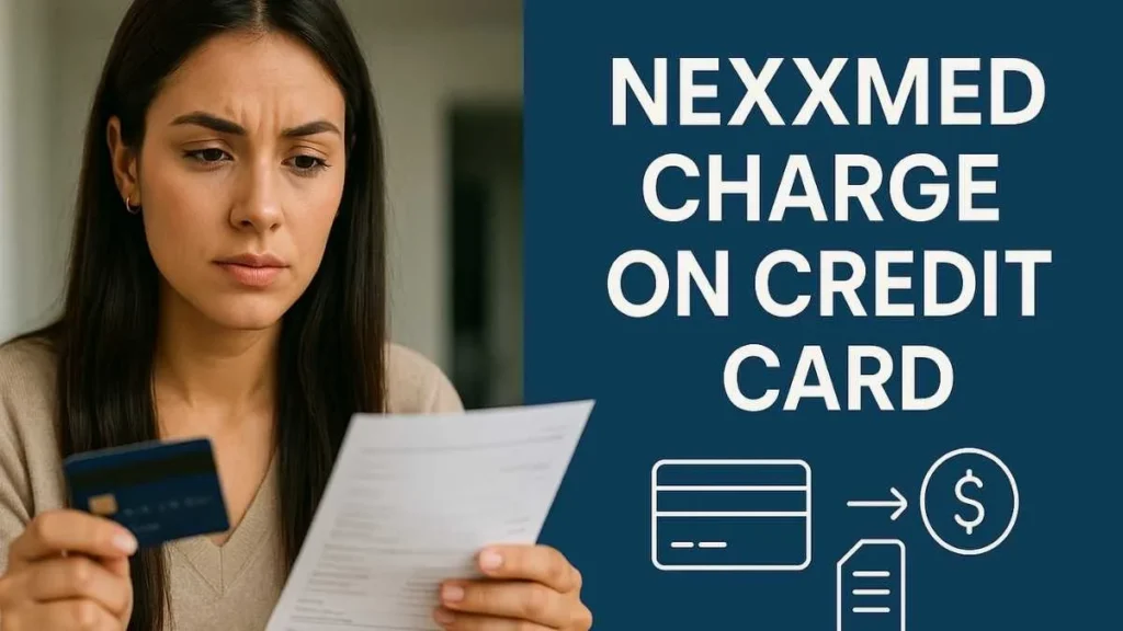 Young woman reviewing her bank statement while checking an unfamiliar NexxMed charge on her credit card, split-screen fintech layout.