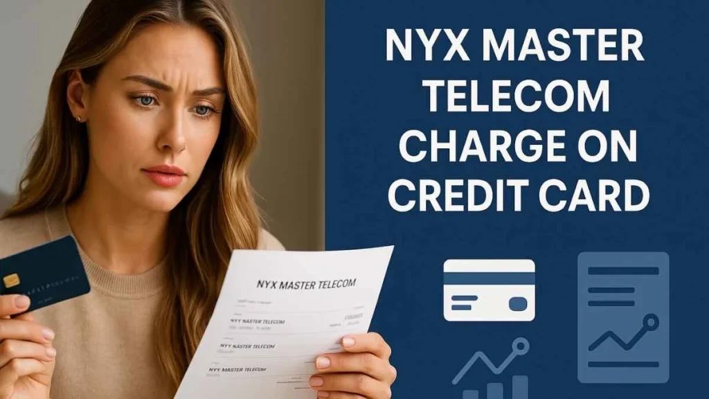 A concerned American woman holding a credit card and reviewing a bank statement showing an unfamiliar NYX Master Telecom charge, split-screen fintech design.