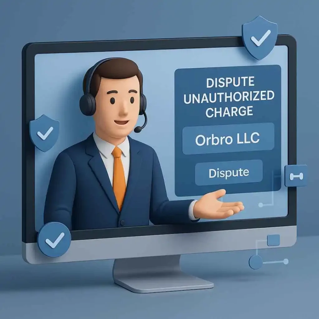 Illustration of a bank support agent helping dispute an Orbro LLC credit card charge with security icons.