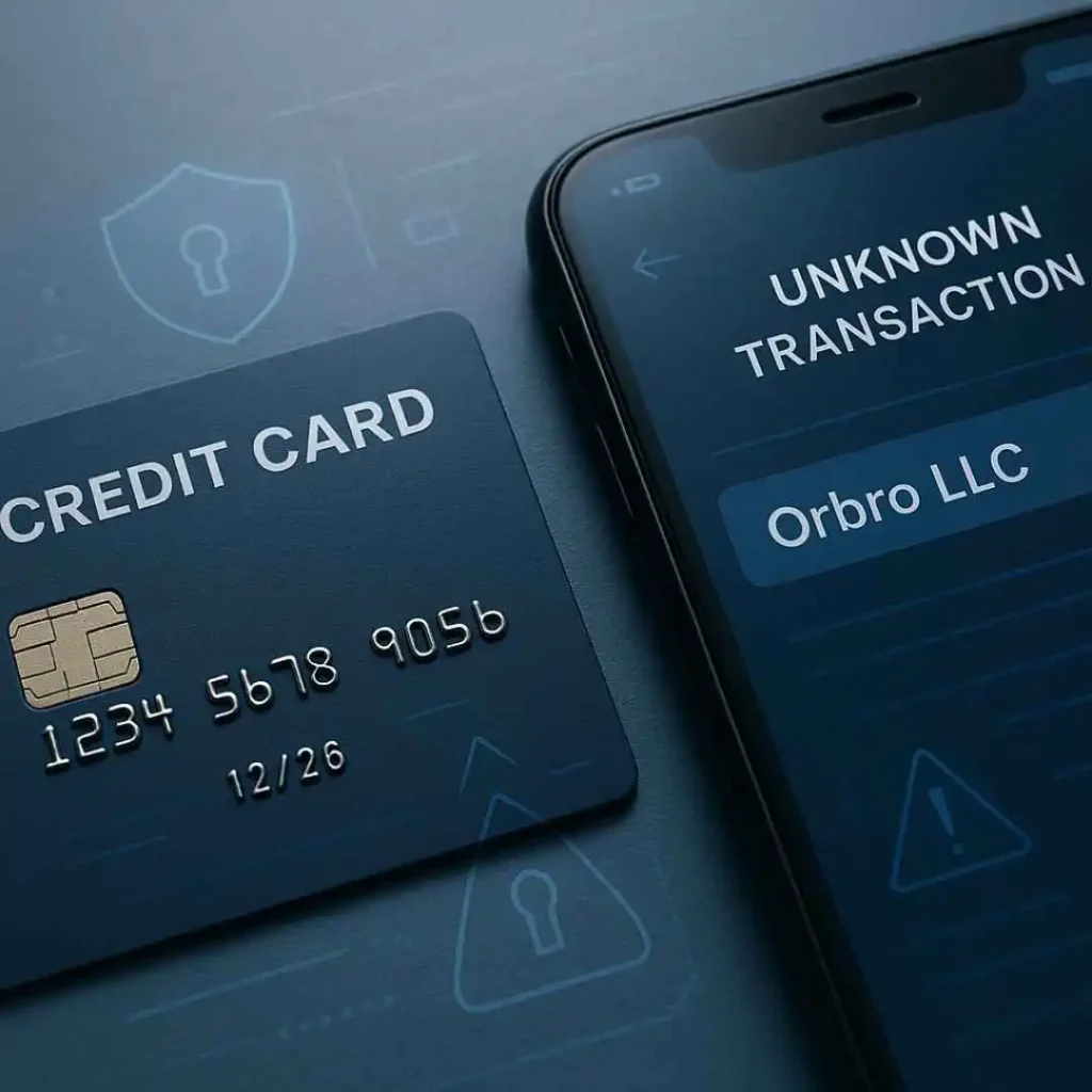 Close-up credit card and phone showing Orbro LLC transaction with fraud-verification graphics