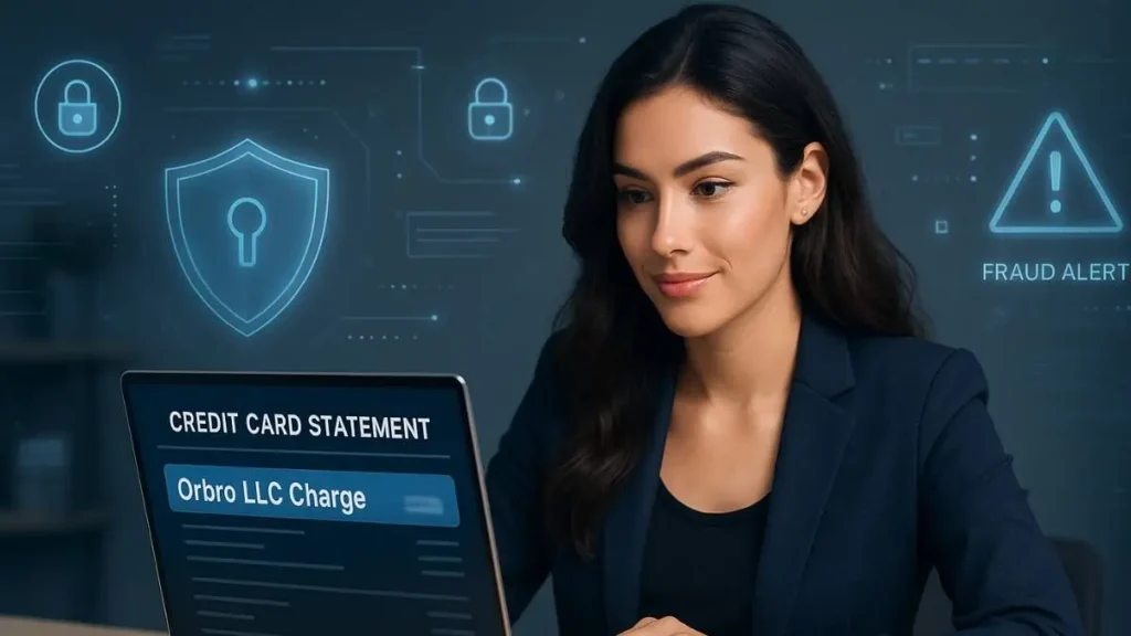 Young American woman checking Orbro LLC charge on credit card statement with fraud-alert graphics in a professional finance-themed setting.