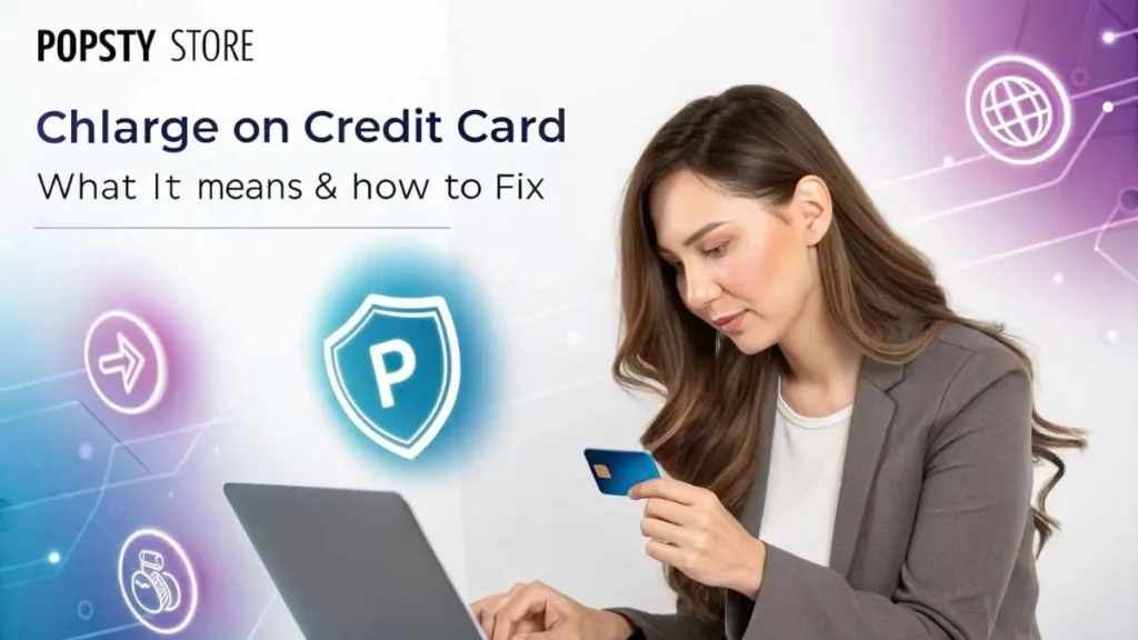 “Woman checking credit card charge alert on laptop – Popsty Store blog image”