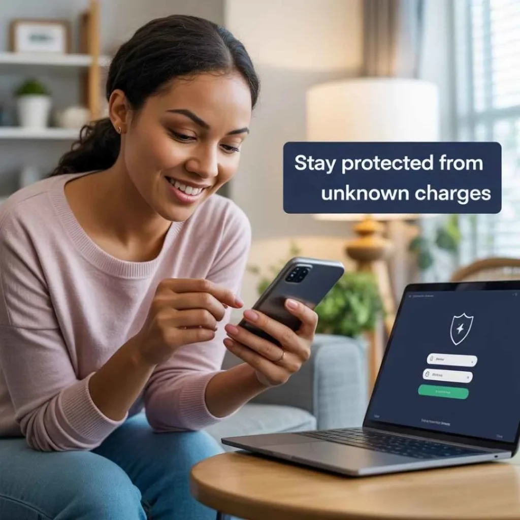 Woman setting up transaction alerts on her phone to prevent unauthorized credit card charges, symbolizing digital security and awareness.