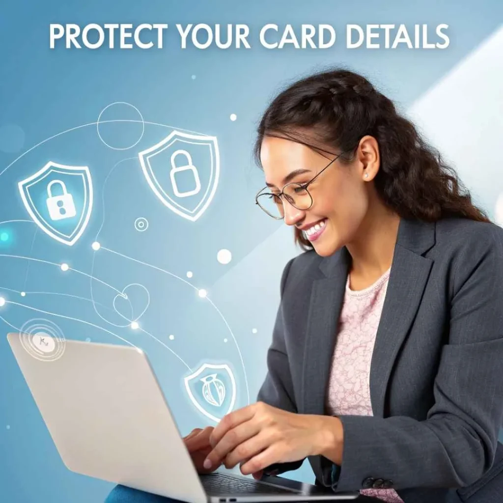 Smiling woman using laptop with digital security icons representing credit card protection
