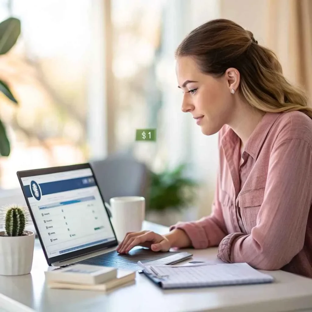 Real woman checking her laptop for a $1 charge on her credit card statement — understanding temporary authorization vs actual charge.