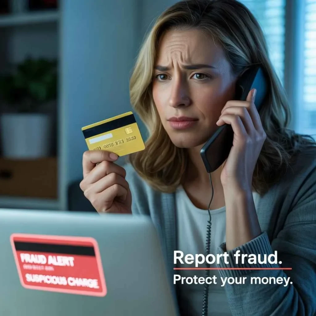 Woman calling her bank to report an unauthorized ZSK Zips credit card charge.