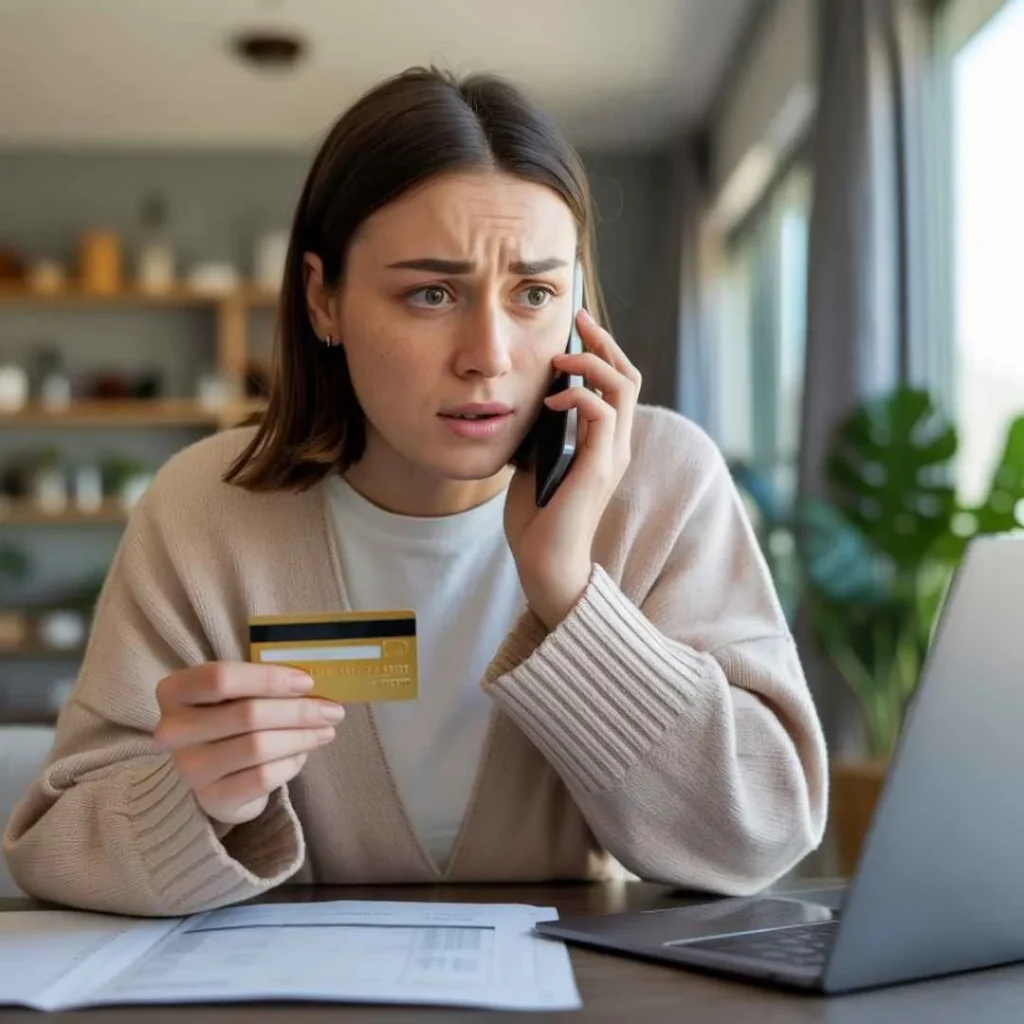 Woman contacting bank to report unrecognized Zulily charge on her credit card statement