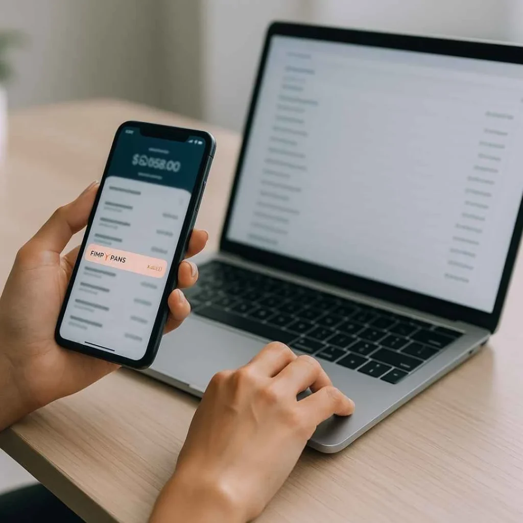 Person checking a suspicious RNPLY FANS charge on a bank app and laptop