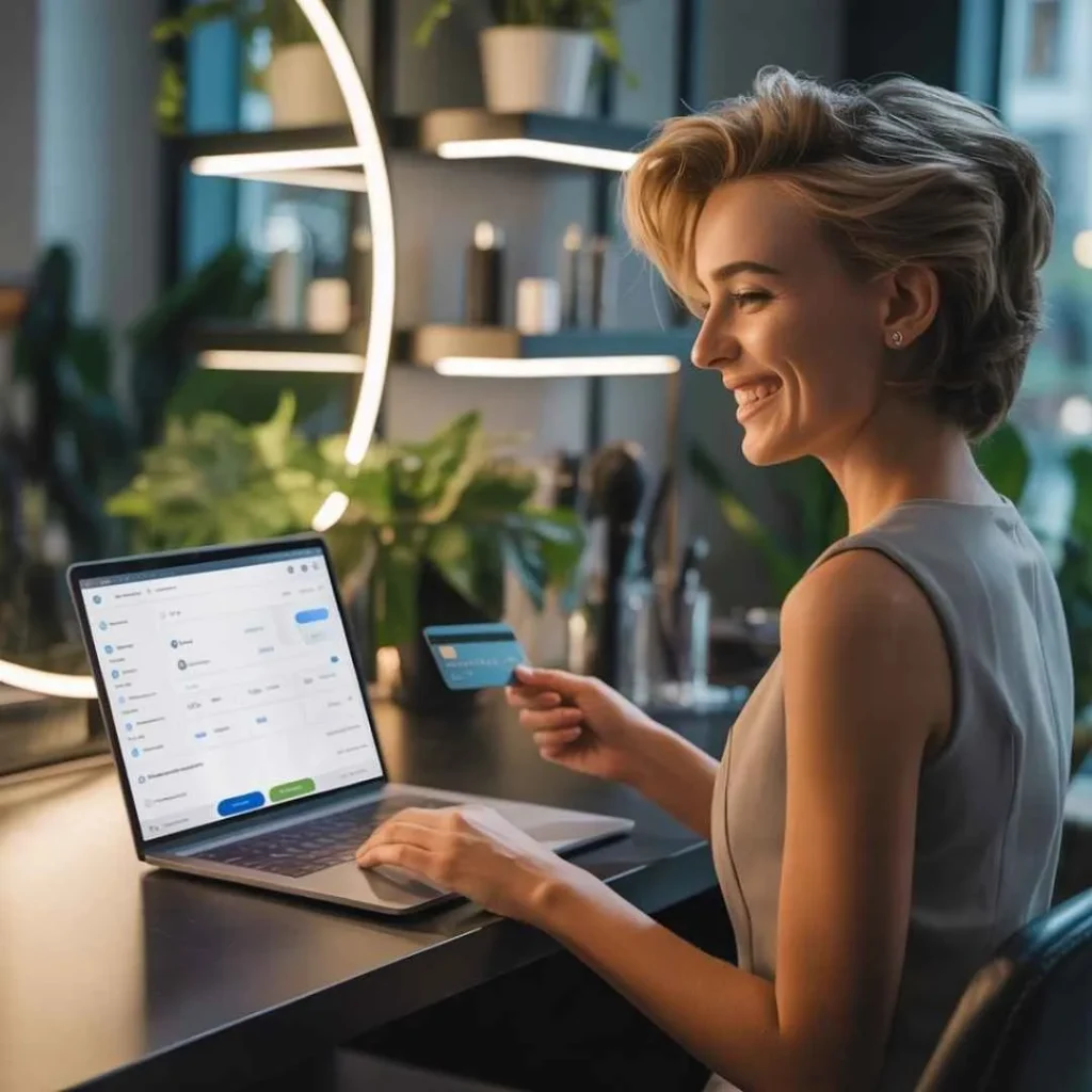 A salon owner making an online SalonCentric Credit Card payment using a laptop inside her beauty salon, representing digital bill payment.