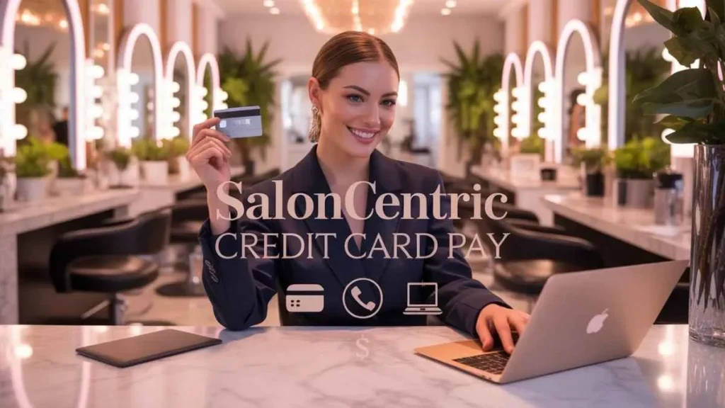 A confident salon professional holding a credit card and using a laptop inside a modern beauty salon, representing SalonCentric Credit Card Pay and online payment management.