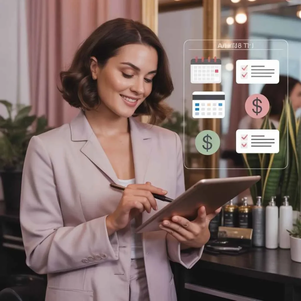 A stylish salon professional reviewing payment reminders and credit card tips on a tablet, symbolizing smart SalonCentric Credit Card management.