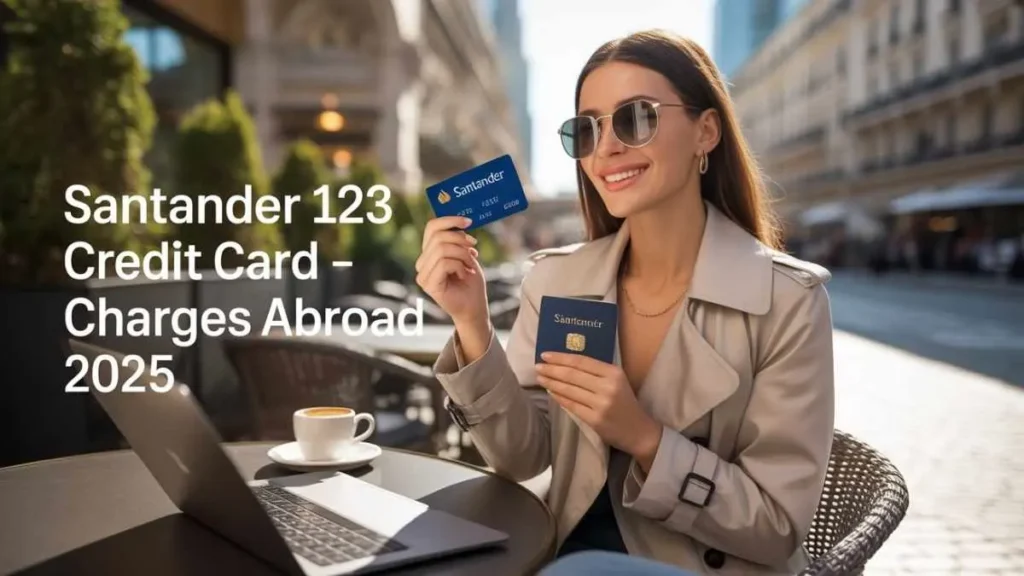 Beautiful traveler woman using Santander 123 Credit Card abroad at a European café, laptop and passport on table, tips for foreign charges 2025