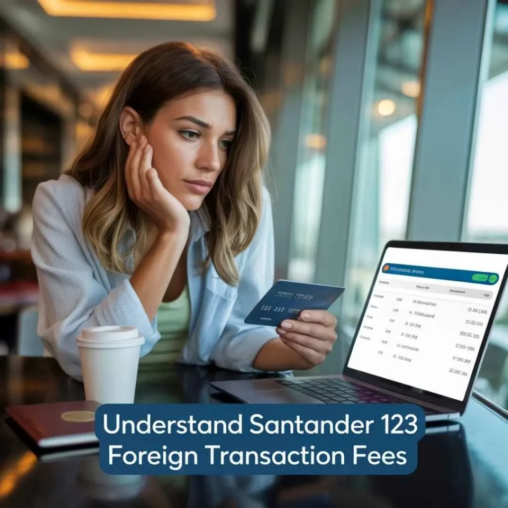 “Traveler checking Santander 123 Credit Card foreign transaction fees on mobile and laptop, passport and coffee on table, financial awareness abroad