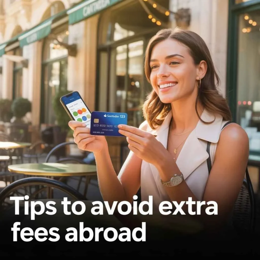 Traveler paying with Santander 123 Credit Card abroad in local currency, smiling confidently, tips to avoid extra charges, smartphone showing exchange rates